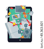 Big Sale in Electronics Store Vector Flat Concept. Big sale in electronics store concept. Group of different home technics with labels and price tags on tablet screen flat vector illustration. Online shopping. For holiday discount promotion. Стоковая иллюстрация, агентство Ingram Publishing / Фотобанк Лори