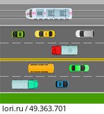 Traffic Flows on Left Side of Road. Two Way Lane.. Traffic flows on left side of road. Two way lane. Truck, trolleybus bus car, taxi on the road. Auto transport banner. Transportation system. Structural road design. Line markings. Vector Illustration. Стоковая иллюстрация, агентство Ingram Publishing / Фотобанк Лори