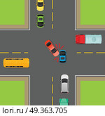 General Traffic Rules. Turn Left at Crossroads.. Accident on road due to non-fulfilment traffic rules. Death of people. How to turn left in correct order. Cars, bus, truck on crossroad. Right use of transport. Vector illustration. Dangerous on road. Стоковая иллюстрация, агентство Ingram Publishing / Фотобанк Лори