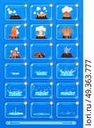 Natural Disaster Set with Volcano Erupting, Flood. Natural disaster icons set with volcano erupting and flood. Volcano magma blowing up, lava flowing down vector set. Water flowicons. Crater mountain volcano. Volcano erupt ash. Collection of icons. Стоковая иллюстрация, агентство Ingram Publishing / Фотобанк Лори