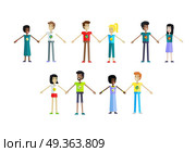 Smiling peoples with branch and leaves emblem on clothes, standing and holding hands. Ecologist, environmentalist, nature protection activist or volunteer illustration. Flat design. Earth day.. Set of Ecologist Human Characters Illustrations.. Set of Ecologist Human Characters Illustrations. Стоковая иллюстрация, агентство Ingram Publishing / Фотобанк Лори