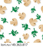 Seamless Pattern with Agaric Field Mushrooms. Seamless pattern with agaric field mushrooms and parsley in flat style. Wallpaper design with vegetarian food ingredients. For pizzeria, restaurant ad, logo design, delivery service. Vector. Стоковая иллюстрация, агентство Ingram Publishing / Фотобанк Лори