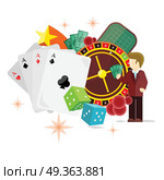 Casino Poster Roulette Card Dice Money Croupier. Casino poster with roulette wheel, cards dice money coins chips crap game dealer stars croupier isolated on white. Gambling luck, fortune and bet, risk and leisure, jackpot chance. Vector illustration. Стоковая иллюстрация, агентство Ingram Publishing / Фотобанк Лори