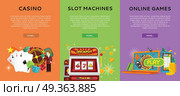 Casino Gambling Website Templates Set. Casino, slot machines and online games banners. European roulette wheel, chips, croupier, craps dice, slot machine and playing cards on color background. Banner for online casino. Casino background. Стоковая иллюстрация, агентство Ingram Publishing / Фотобанк Лори