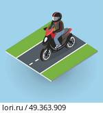 Motor Bike on the Road. Top View. Motor bike on the road. Top view on motorized bicycle. Flat 3d isometric high quality city moped design. Motorcycle or autobike dirtbike . Part of series of city isometric. Vector illustration. Стоковая иллюстрация, агентство Ingram Publishing / Фотобанк Лори