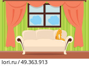 Apartment interior concept vector. Flat style. Room view with cat on sofa and curtains on window. Home cosiness, and comfort living place. illustration for real estate, interior design company ad. Apartment Interior Concept Vector In Flat Design. Apartment Interior Concept Vector In Flat Design. Стоковая иллюстрация, агентство Ingram Publishing / Фотобанк Лори