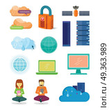 Set of internet icons in flat design. Networking technologies. Server, cloud, laptop, monitor, globe, lock,  satellite, user illustrations for hosting company, cloud services ad. Isolated on white  . Set of Network Technologies Icons in Flat Design  . Set of Network Technologies Icons in Flat Design  . Стоковая иллюстрация, агентство Ingram Publishing / Фотобанк Лори