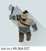 Game Object of Orc. Game object of orc with axe. Orc warrior with steel axe and armors in front. Stylized fantasy characters. Game object in flat design on blue game background. Vector illustration. Стоковая иллюстрация, агентство Ingram Publishing / Фотобанк Лори