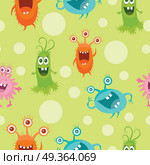 Set of Seamless Pattern with Good and Bad Bacteria. Set of seamless patterns with good and bad bacteria cartoon characters. Funny virus germs in flat style. Microbes endless texture. Dangerous organisms parasites. Wallpaper design. Vector illustration. Стоковая иллюстрация, агентство Ingram Publishing / Фотобанк Лори