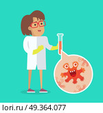 Scientist Woman Investigate Bacterium. Vector. Scientist woman investigate bacterium with help of microbiological devices. Bacteriologist in white gown inspects viruses. Bacteria in glass flask vector. Flat cartoon style. Angry bacteria monster. Стоковая иллюстрация, агентство Ingram Publishing / Фотобанк Лори