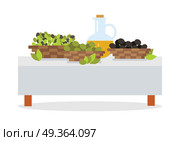Fresh harvest of olives concept. Wicker baskets full of green and black olives, bottle with virgin olive oil standing on table covered white cloth flat vector illustration isolated on white background. Fresh Harvest of Olives Flat Design Vector Concept. Fresh Harvest of Olives Flat Design Vector Concept. Стоковая иллюстрация, агентство Ingram Publishing / Фотобанк Лори