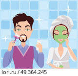 Man and Woman Cleaning. Making Washing Procedures. Man and woman cleaning. Making washing procedure in front of the mirror. Girl makes mask, boy shaving. People take care about their look. Part of series of ladies and gentlemen face care. Vector. Стоковая иллюстрация, агентство Ingram Publishing / Фотобанк Лори