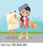 Girl Drawing on Easel on Landscape of Urban City. Girl drawing on easel on the landscape of urban city. Adorable little girl leisure time. Young painter drawing. Toddler at playground draws picture, flat style design. Daily activity. Vector. Стоковая иллюстрация, агентство Ingram Publishing / Фотобанк Лори