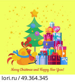 Merry Christmas and Happy New Year. Vector Card. Merry Christmas and Happy New Year card for winter holidays. Chinese calendar zodiac horoscope. Symbol of new year cock, presents, Christmas tree. For greeting postcard. Flat style vector illustration. Стоковая иллюстрация, агентство Ingram Publishing / Фотобанк Лори