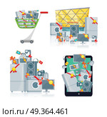 Sale in electronics store concept. Group of different home technics with labels and price tags near shopping center, in shopping trolley, on tablet screen flat vector illustration isolated on white. Sale in Electronics Store Vector concepts set. Sale in Electronics Store Vector concepts set. Стоковая иллюстрация, агентство Ingram Publishing / Фотобанк Лори