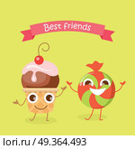 Best Friends Caramel Candy and Cupcake Characters. Best friends caramel candy and cupcake smiling characters. Funny sweet cartoon happy dancing sweets. Confectionery illustration in flat design. Bonbon, sweetmeat, sweet stuff. Children menu. Vector. Стоковая иллюстрация, агентство Ingram Publishing / Фотобанк Лори