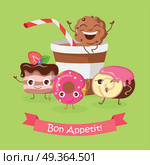 Bon Appetit. Funny Cartoon Characters Banner.. Bon appetit. Funny cartoon characters banner. Cupcake, doughnut, chocolate biscuit, cookies, cup of cola or soda. Smiling confectionery. Set of sweets in flat style design. Confection illustration. Стоковая иллюстрация, агентство Ingram Publishing / Фотобанк Лори