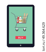 Online shopping in grocery store concept vector. Flat design. Illustration of  food and drinks in shopping cart on tablet screen with buy button. Buying and ordering food and culinary in internet. . Online Grocery Store Concept Banner Illustration.. Online Grocery Store Concept Banner Illustration. Стоковая иллюстрация, агентство Ingram Publishing / Фотобанк Лори