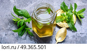 Jam from fresh spearmint. Aromatic curative jam from fresh mint leaves.Peppermint jelly.Green herbal tea. Стоковое фото, агентство Ingram Publishing / Фотобанк Лори