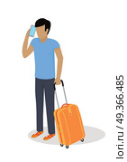 Traveler character icon. Man in casual clothes with trolley suitcase talking on phone template vector illustration isolated on white background. For travel concepts, app, logo, infographic design. Traveler Character Isometric Vector Icon. Traveler Character Isometric Vector Icon. Стоковая иллюстрация, агентство Ingram Publishing / Фотобанк Лори