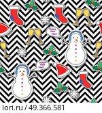 Snowman, Sock, Speech Bubble, Mistletoe, Snowflake. Snowman, socks, speech bubble, mistletoe, snowflakes, champagne glasses seamless pattern on abstract background. Christmas elements in cartoon style. New Year wallpaper design endless texture. Vector. Стоковая иллюстрация, агентство Ingram Publishing / Фотобанк Лори