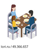 At Restaurant. Familly Sitting at Dining Table. At restaurant. Family of three members gathered together are sitting around the dining table. Process of food consuming. Three glasses and plates with meal on wooden table. Flat design. Vector. Стоковая иллюстрация, агентство Ingram Publishing / Фотобанк Лори