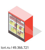 Showcase Refrigerator for Cooling Drinks in Bottle. Showcase refrigerator for cooling drinks in bottles. Fridge dispenser cooling machine. Isolated object in flat style design. Vertical refrigerator with transparent front panels. Vector illustration. Стоковая иллюстрация, агентство Ingram Publishing / Фотобанк Лори