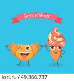 Sweets. Best Friends. Smiling Croissant and Cake. Best Friends. Sweets. Happy bun in simple cartoon style. Isolated fresh baked roll with one open eye and raised hands standing on two legs. Cake in oval shape with yellow-pink whipped cream. Vector. Стоковая иллюстрация, агентство Ingram Publishing / Фотобанк Лори