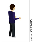Man Character Vector In Isometric Projection.. Man character vector in isometric projection. Person standing backwards with bent at the elbows hands. Pose template for standing near reception, cash register, bar. Isolated on white. Стоковая иллюстрация, агентство Ingram Publishing / Фотобанк Лори