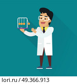 Scientists Man at Work. Scientists man in white robe and glasses at work. Scientist physicist holding Newton s cradle. Scientists in lab. Science and technology development, scientific research, research. Science background. Стоковая иллюстрация, агентство Ingram Publishing / Фотобанк Лори
