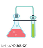 Chemical laboratory tools vector. Flat style. Lab flask connected with test tube. Chemical experiment and substance reactions. Illustration for scientific and educational concepts. Isolated on white. laboratory Glassware Illustration in Flat Style. laboratory Glassware Illustration in Flat Style. Стоковая иллюстрация, агентство Ingram Publishing / Фотобанк Лори