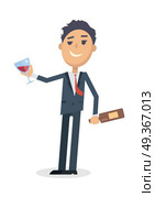 Man with Bottle of Wine Isolated on White. Vector. Man with bottle of wine and glass isolated on white. Young man toast the success. Drunk boy with alcohol. Alcohol addicted person with a bottle. Alcoholism. Vector illustration in flat style. Стоковая иллюстрация, агентство Ingram Publishing / Фотобанк Лори