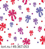 Seamless Pattern with Bows. Gift Kknots of Ribbon. Seamless pattern with bows isolated on white. Pussy color bright bowknots endless texture. Gift knots of ribbon in flat style design. Overwhelming bow decorative elements Vector cartoon illustration. Стоковая иллюстрация, агентство Ingram Publishing / Фотобанк Лори
