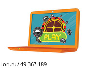 Online Games Banner Laptop Casino Roulette Wheel. Online games web banner with laptop casino roulette wheel isolated on white. Online play concept. Casino jackpot, luck game, chance and gamble, lucky fortune. Vector illustration in flat style. Стоковая иллюстрация, агентство Ingram Publishing / Фотобанк Лори