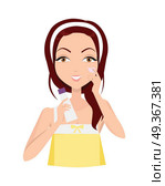 Girl Clean her Face with Lotion and Sponge. Cleansing. Girl clean her face with lotion. Cleaning with help of sponge. Woman instruction how to make up correctly. Girl cares about her look. Part of series of face care. Vector illustration. Стоковая иллюстрация, агентство Ingram Publishing / Фотобанк Лори