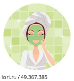 Scrubbing. Girl Applying a Face Scrub. Vector. Scrubbing. Girl applying a face scrub for a few minutes to eliminate dead skin cells. Woman instruction how to make up correctly. Girl cares about her look. Part of series of ladies face care. Vector. Стоковая иллюстрация, агентство Ingram Publishing / Фотобанк Лори