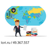 Panama Documents Concept Flat Vector Illustration. Man in business suite with sheet of paper on panama-city, world map background. Public corruption disclosure. International financial investigation concept. Offshore documents scandal illustration. Стоковая иллюстрация, агентство Ingram Publishing / Фотобанк Лори