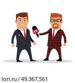 Interview on TV Concept Vector Illustration. Interview on TV vector illustration. Television live broadcast streaming news. Media characters. Reporter interviews live on experts, politicians, officials, businessman. Public statement. On white. Стоковая иллюстрация, агентство Ingram Publishing / Фотобанк Лори