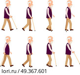 Old Man with Stick. Collection of Character Icons. Collection of icons with old man. Walking retired male with stick. Pictures with different movements, actions. Violet vest, light trousers. Cartoon style. Elderly man in motion. Flat design. Vector. Стоковая иллюстрация, агентство Ingram Publishing / Фотобанк Лори