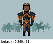 Game object of knight in steel medieval armor with crown. Character stand in front. Stylized fantasy characters. Game object in flat design on blue game background. Vector illustration.. Game Object of Knight. Стоковая иллюстрация, агентство Ingram Publishing / Фотобанк Лори