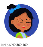 Girl with black pigtail and blue bow avatar userpic. Speaking young person with close eyes. Girl in round button. Portrait of nice female person in green-blue t-shirt. Simple cartoon style. Vector. Speaking Girl with Black Hair and Blue Bow on Head. Стоковая иллюстрация, агентство Ingram Publishing / Фотобанк Лори