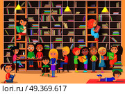Children read in the library vector illustration. Kids study in atheneum. Clever young boys and girls read books. Schoolchildren self education. Public room with bookshelves. Wisdom friends. Literature. Children Read in the Library Vector Illustration. Стоковая иллюстрация, агентство Ingram Publishing / Фотобанк Лори