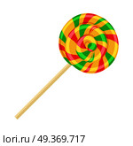 Caramel striped candy on stick isolated vector. Funny sweet cartoon lolly confectionery illustration in flat design. Bonbon sweetmeat sweet stuff lollipop. Delicious colorful spiral dessert. Caramel Striped Candy on Stick Isolated. Funny Sweet. Стоковая иллюстрация, агентство Ingram Publishing / Фотобанк Лори