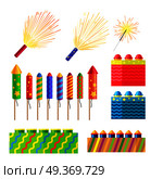 Collection of fireworks. New Year decorations. Illustration of different pyrotechnics in shape, size and colour. Attributes of New Year 2017. Bright explosions. Cartoon style. Flat design. Vector. Collection of Fireworks. New Year Decorations. Стоковая иллюстрация, агентство Ingram Publishing / Фотобанк Лори