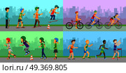 Set of sport concepts with active peoples. Running, skating, biking, rollerblading illustrations. Summer fun. Moving activity and healthy life. Equipment for sports. Victory in sport competition.  . Sport Entertainment Vector Concepts in Flat Design. Стоковая иллюстрация, агентство Ingram Publishing / Фотобанк Лори