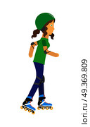 Girl wearing protective gear while rollerblade. Happy cartoon roller. Woman in green helmet elbow pads and knee pads rollerblading. Healthy way of life and sport concept. Vector illustration.. Girl Wear Protective Gear While Rollerblading. Стоковая иллюстрация, агентство Ingram Publishing / Фотобанк Лори