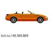 Transport. Picture of isolated yellow cabriolet. Fast mean of transportation. Four-wheeled auto in simple cartoon design. Without roof. Two doors. Side view. Front and back headlights. Vector. Transport. Picture of Isolated Yellow Cabriolet. Стоковая иллюстрация, агентство Ingram Publishing / Фотобанк Лори