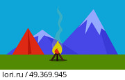 Camping tent near fire and mountains on background in flat style. Recreation activity. Can be used for web banners, marketing and promotional materials, presentation templates. Hiking concept. Vector. Camping Tent Near Fire and Mountains. Стоковая иллюстрация, агентство Ingram Publishing / Фотобанк Лори