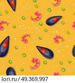 Seamless pattern with shrimps and shellfish isolated. Fresh shrimp and shellfish. Seafood concept icon in flat style. Popular ingredient in Spanish cuisine. For restaurant menu. Vector illustration. Seamless Pattern with Shrimps, Shellfish Isolated. Стоковая иллюстрация, агентство Ingram Publishing / Фотобанк Лори