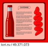 Cayenne red sauce in glass bottle with some kind of information in centre of vector picture. Illustration with kind of asian national dressing for food in ruddy colour in bottle and poured out. Cayenne Red Sauce in Glass Bottle with Information. Стоковая иллюстрация, агентство Ingram Publishing / Фотобанк Лори